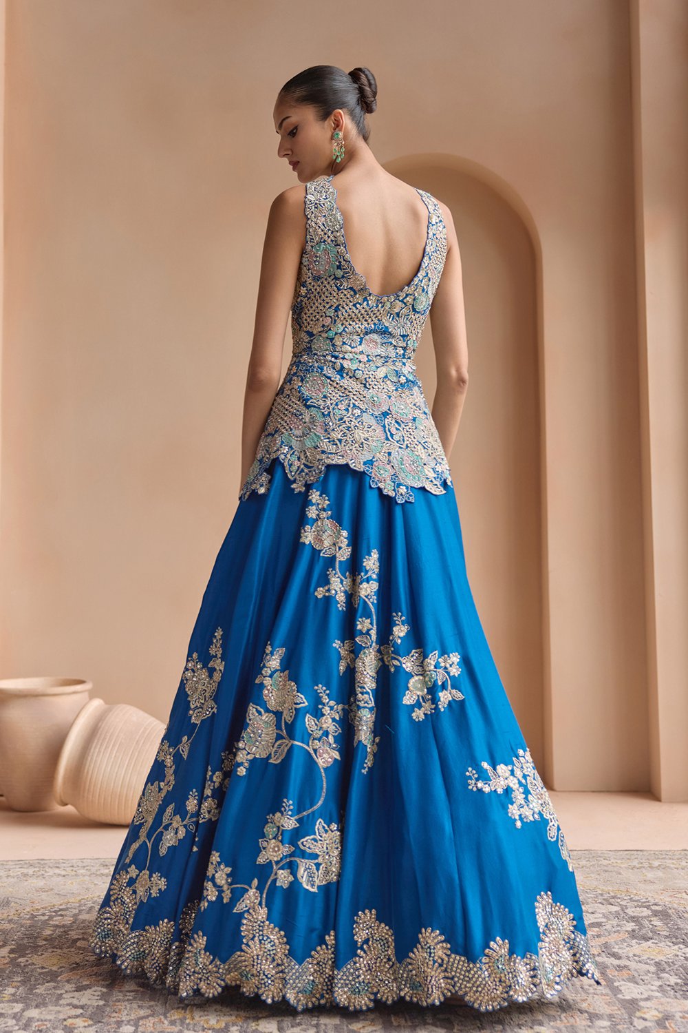 Jade Blue Embroidered Peplum Lehenga Set