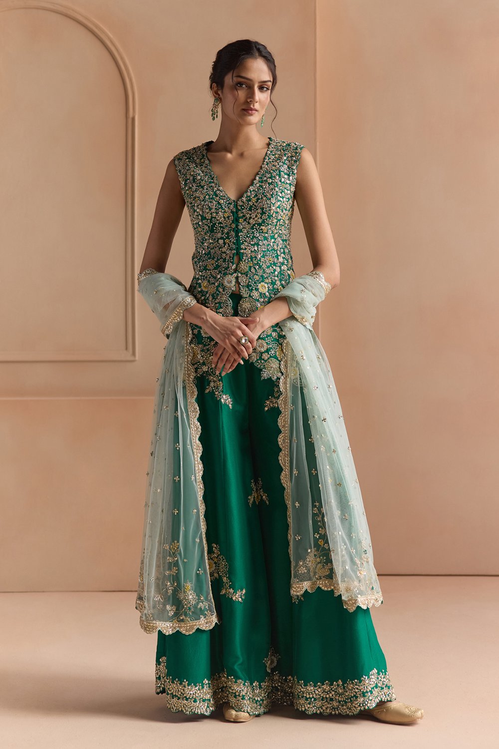 Jewel Green Embroidered Peplum Garara Set