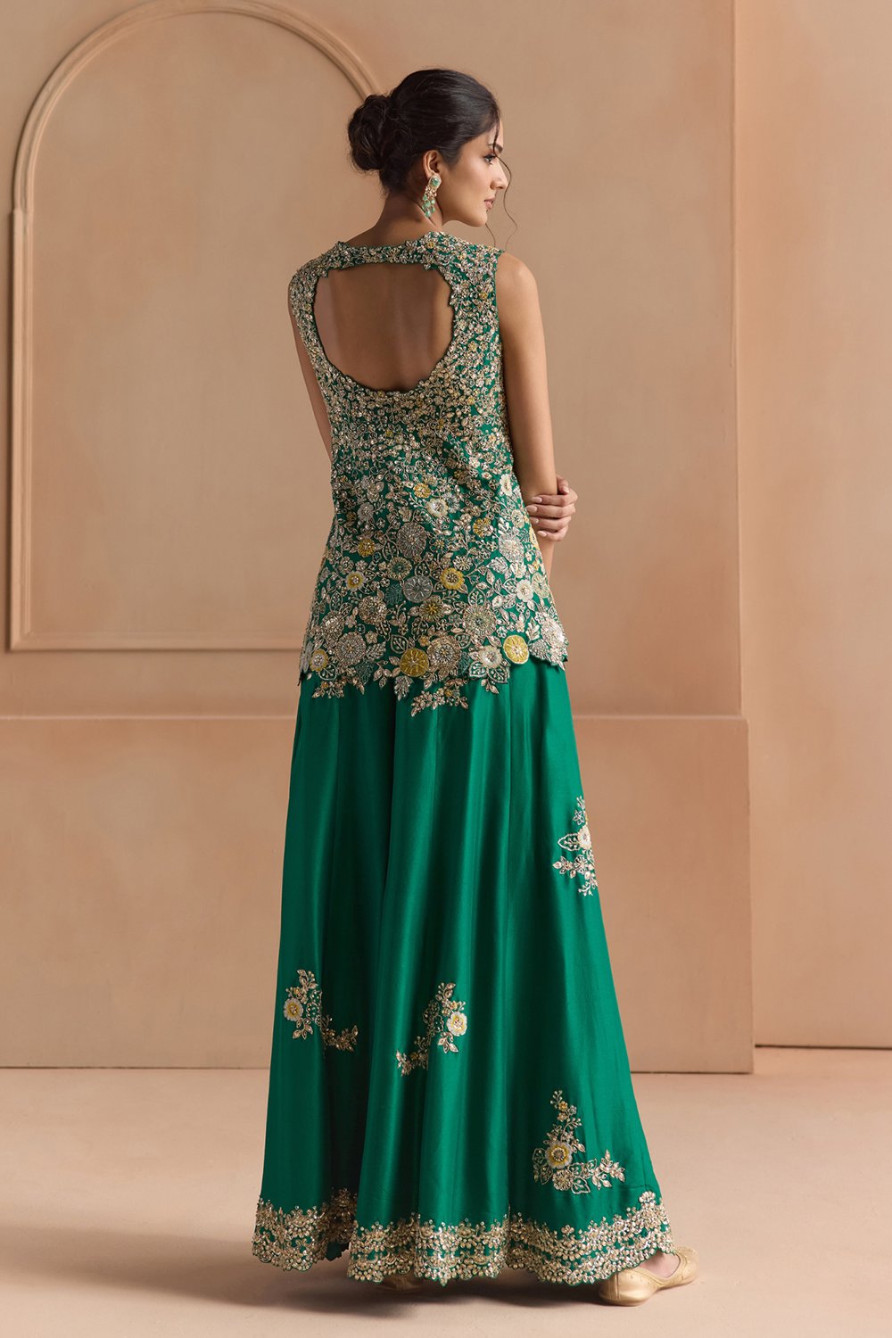Jewel Green Embroidered Peplum Garara Set