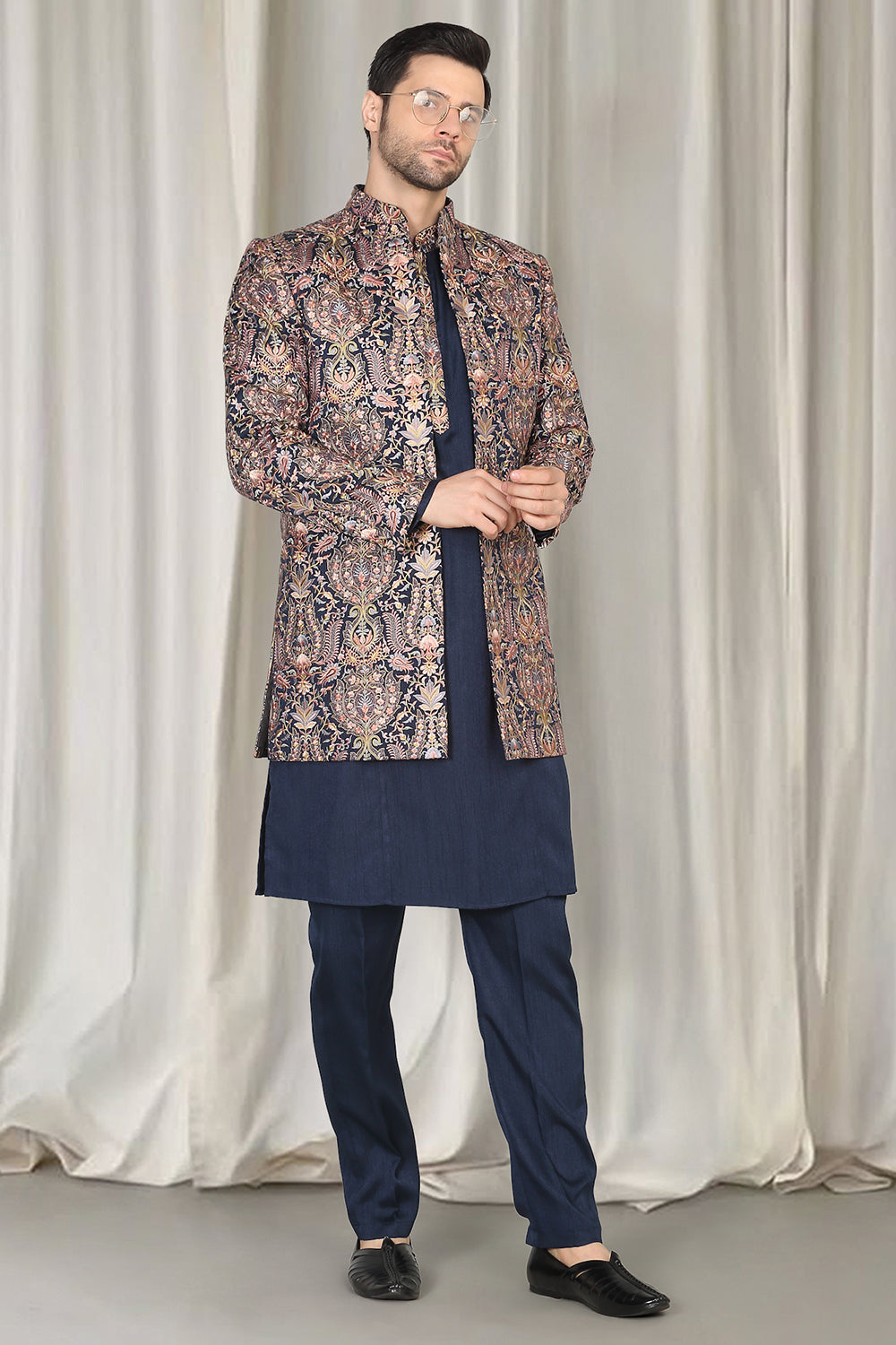 Kashmiriyat Embroidered Long Open Jacket With Kurta And Pants