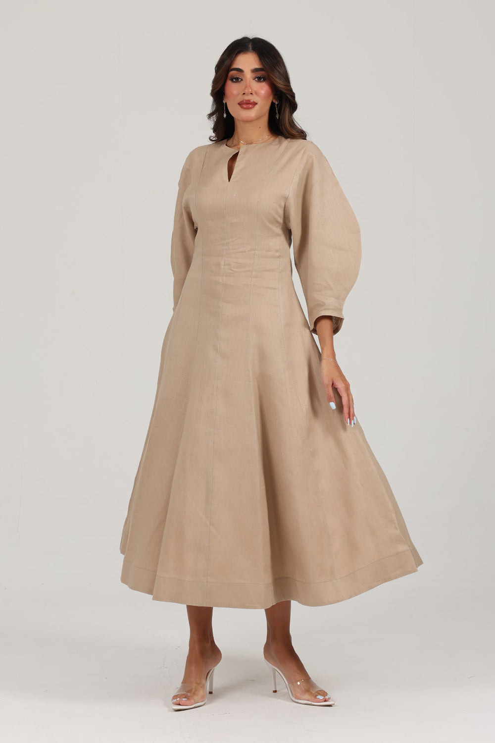 Khushboo & Pankaj Beige Linen A-Line Midi Dress