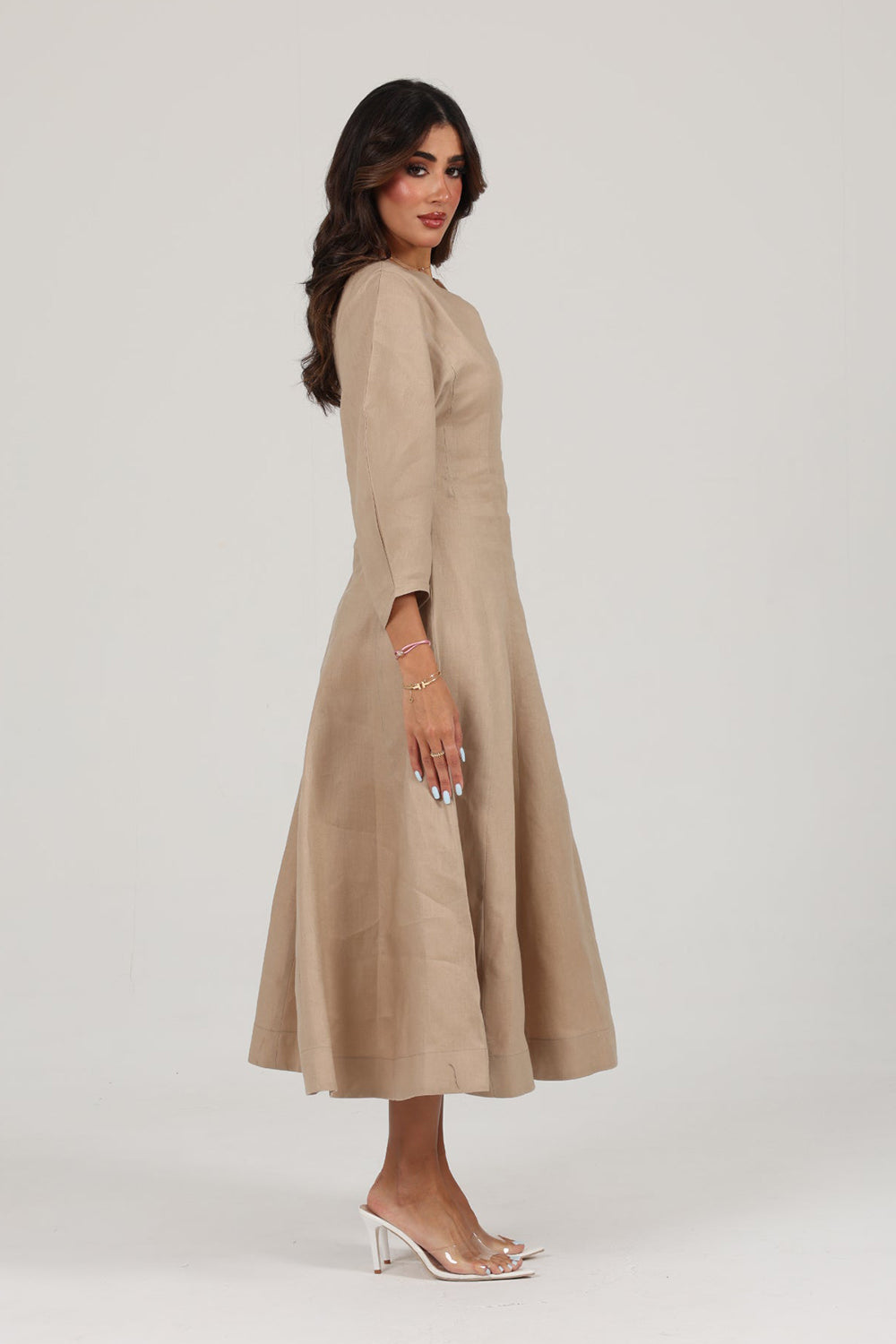 Khushboo & Pankaj Beige Linen A-Line Midi Dress
