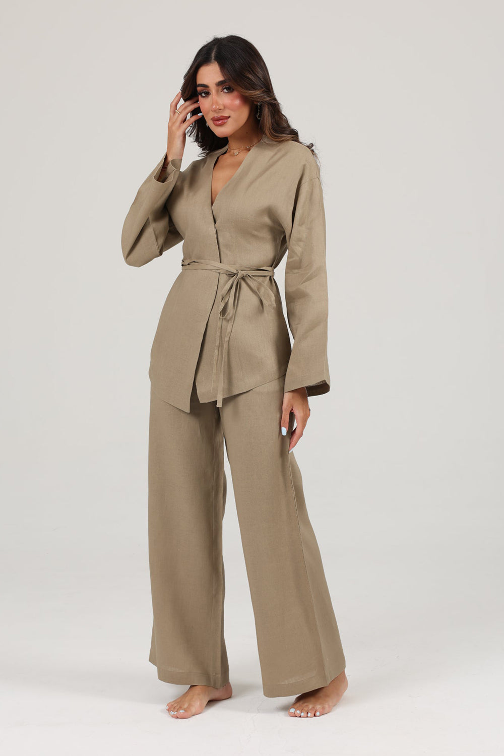 Khushboo & Pankaj Beige Linen Wrap Co-ord Set