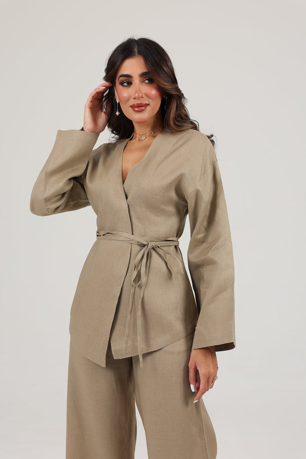 Khushboo & Pankaj Beige Linen Wrap Co-ord Set