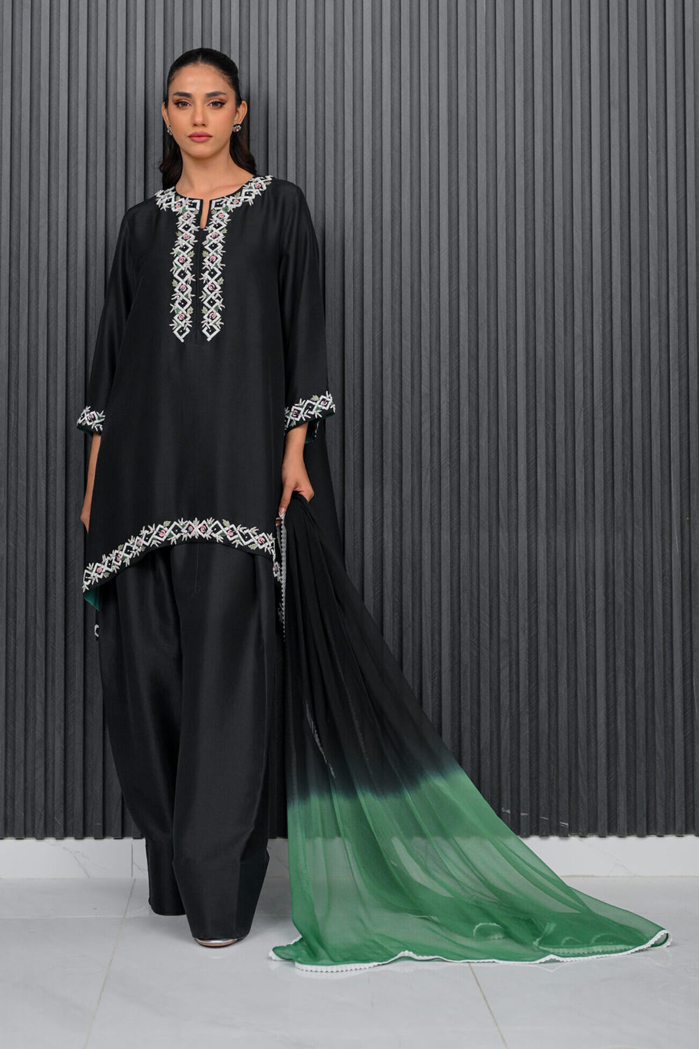 Khushboo & Pankaj Black and Green Embroidered Farshi Suit Set