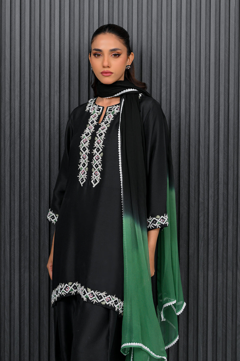 Khushboo & Pankaj Black and Green Embroidered Farshi Suit Set