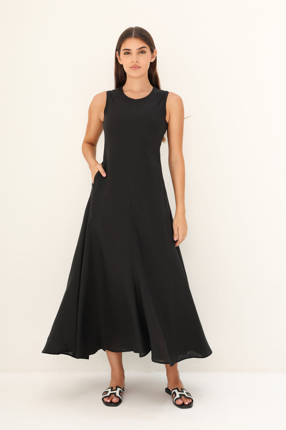 Khushboo & Pankaj Black Linen Sleeveless A-Line Midi Dress
