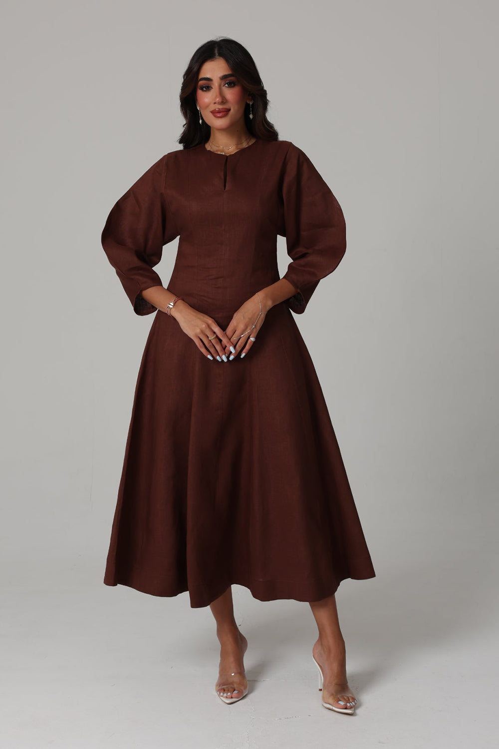 Khushboo & Pankaj Brown Linen A-Line Midi Dress