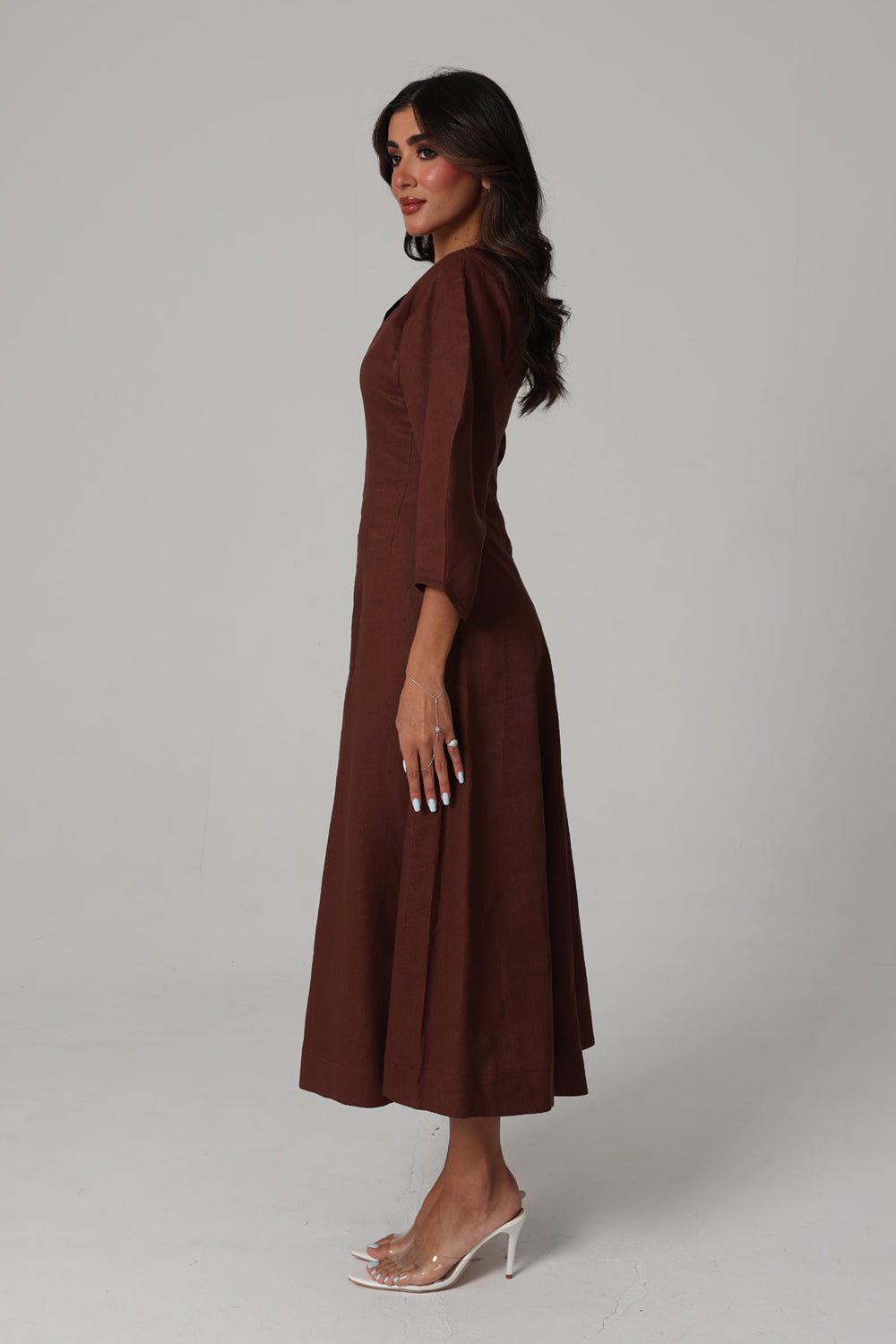 Khushboo & Pankaj Brown Linen A-Line Midi Dress