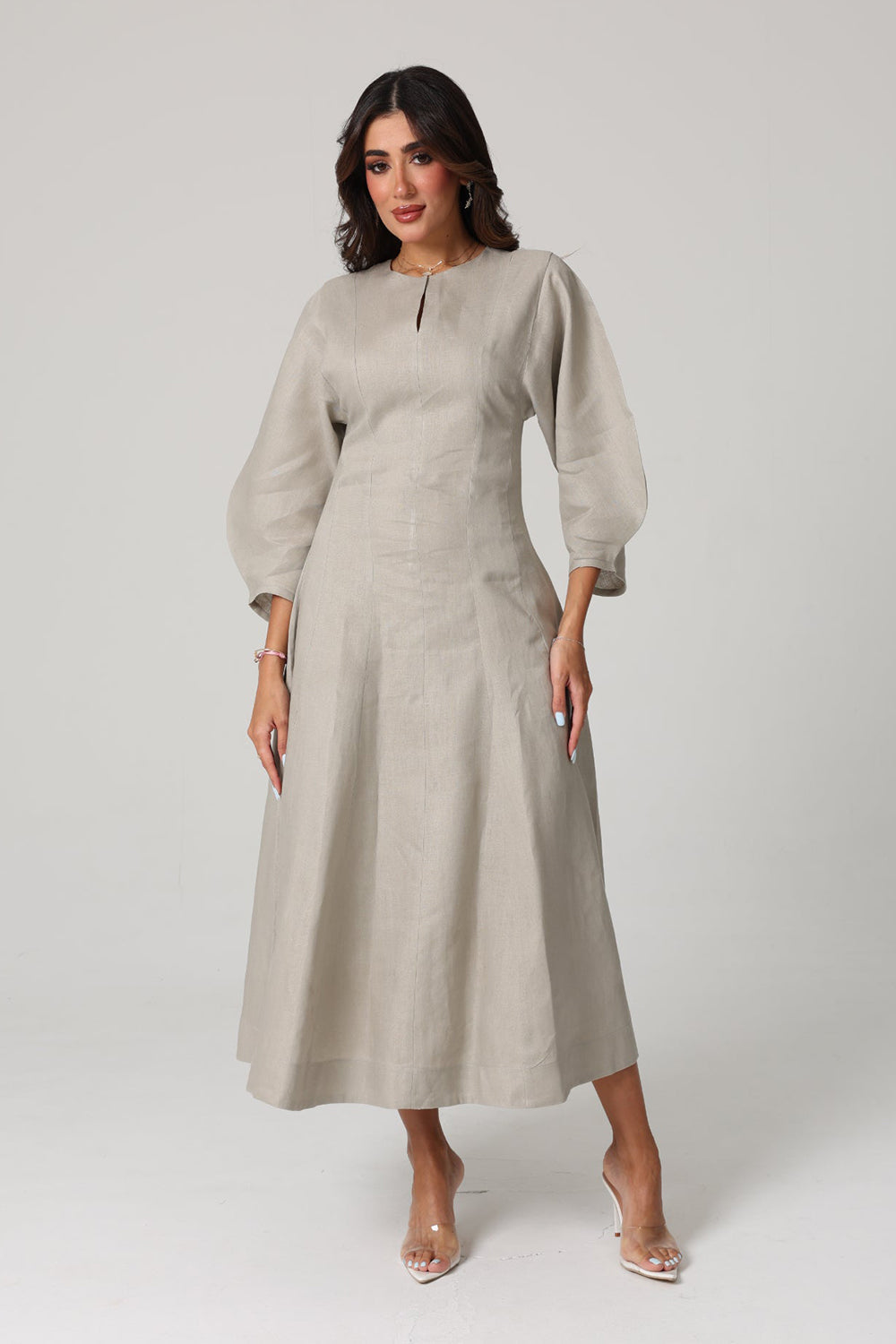 Khushboo & Pankaj Grey Linen A-Line Midi Dress
