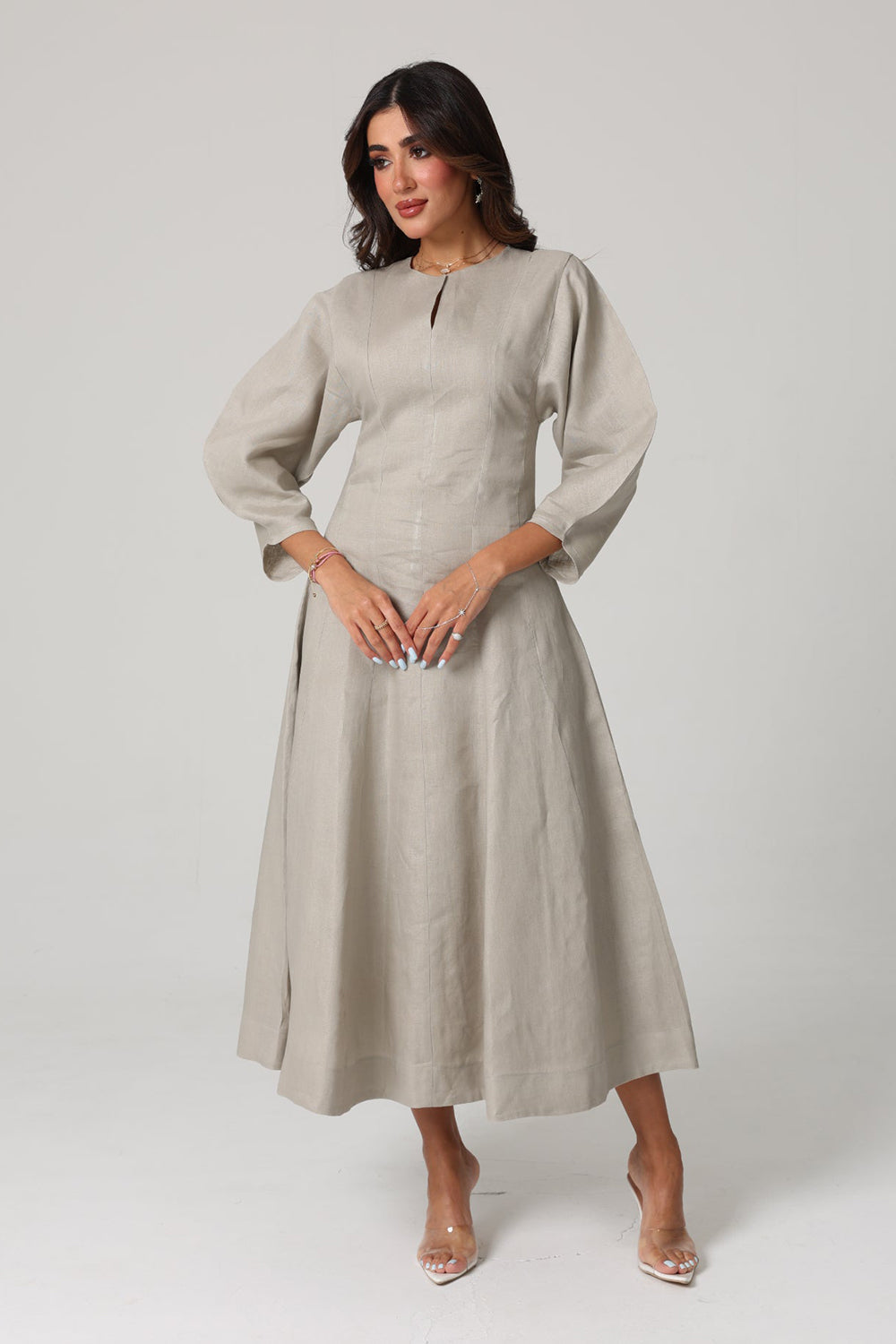 Khushboo & Pankaj Grey Linen A-Line Midi Dress