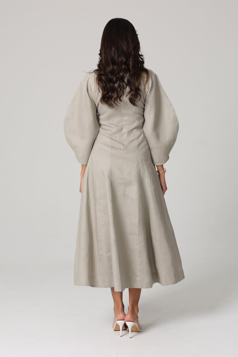 Khushboo & Pankaj Grey Linen A-Line Midi Dress