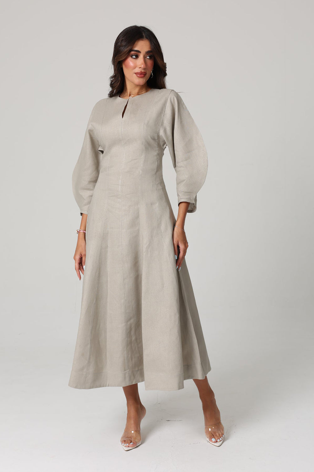 Khushboo & Pankaj Grey Linen A-Line Midi Dress
