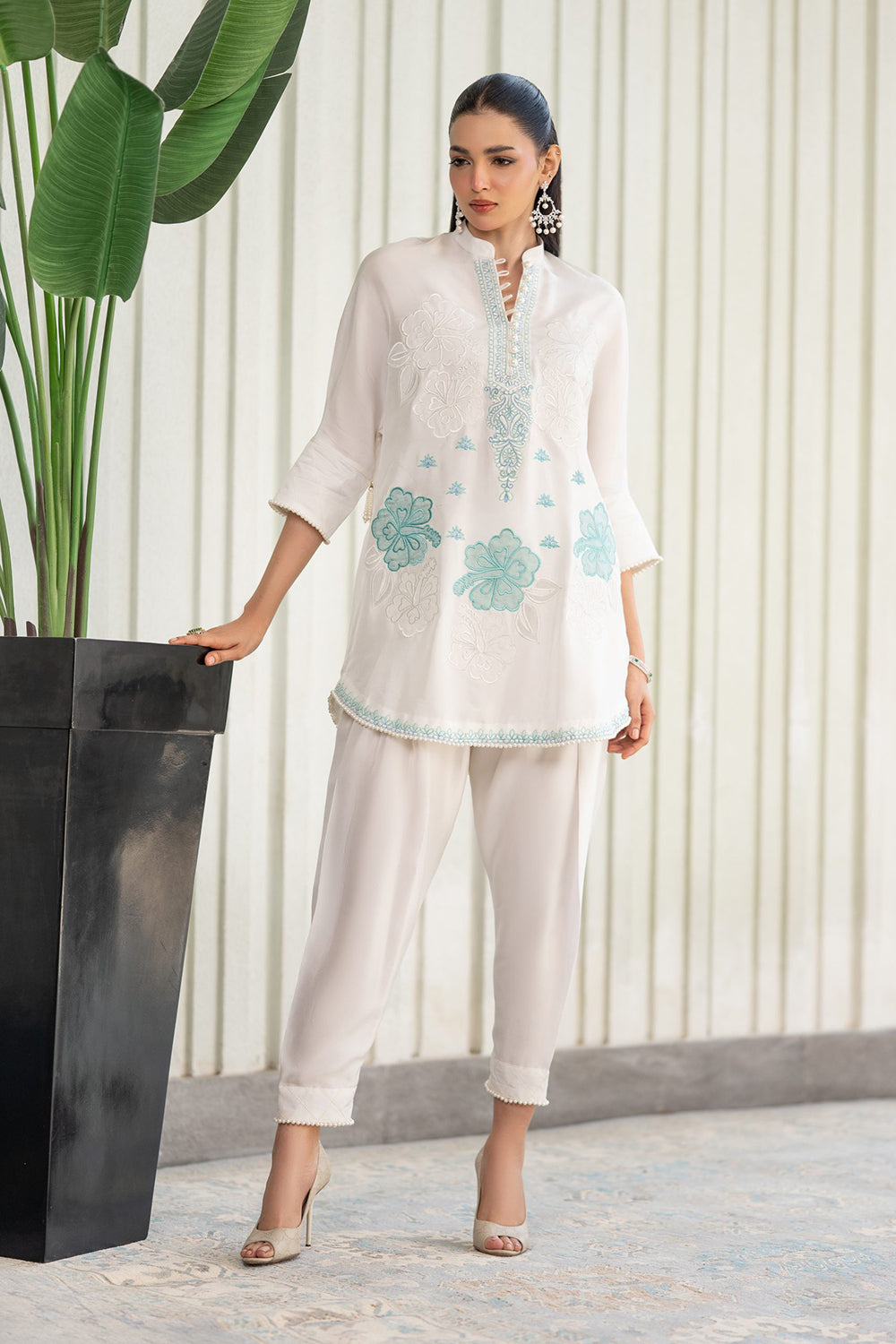 Khushboo & Pankaj Ivory Aqua Embroidered Suit Set with Tulip Pants