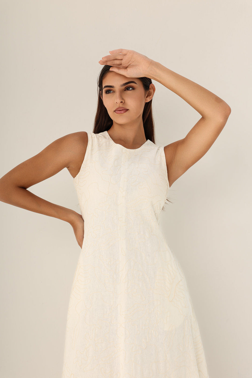 Khushboo & Pankaj Ivory Embroidered Linen A-Line Midi Dress