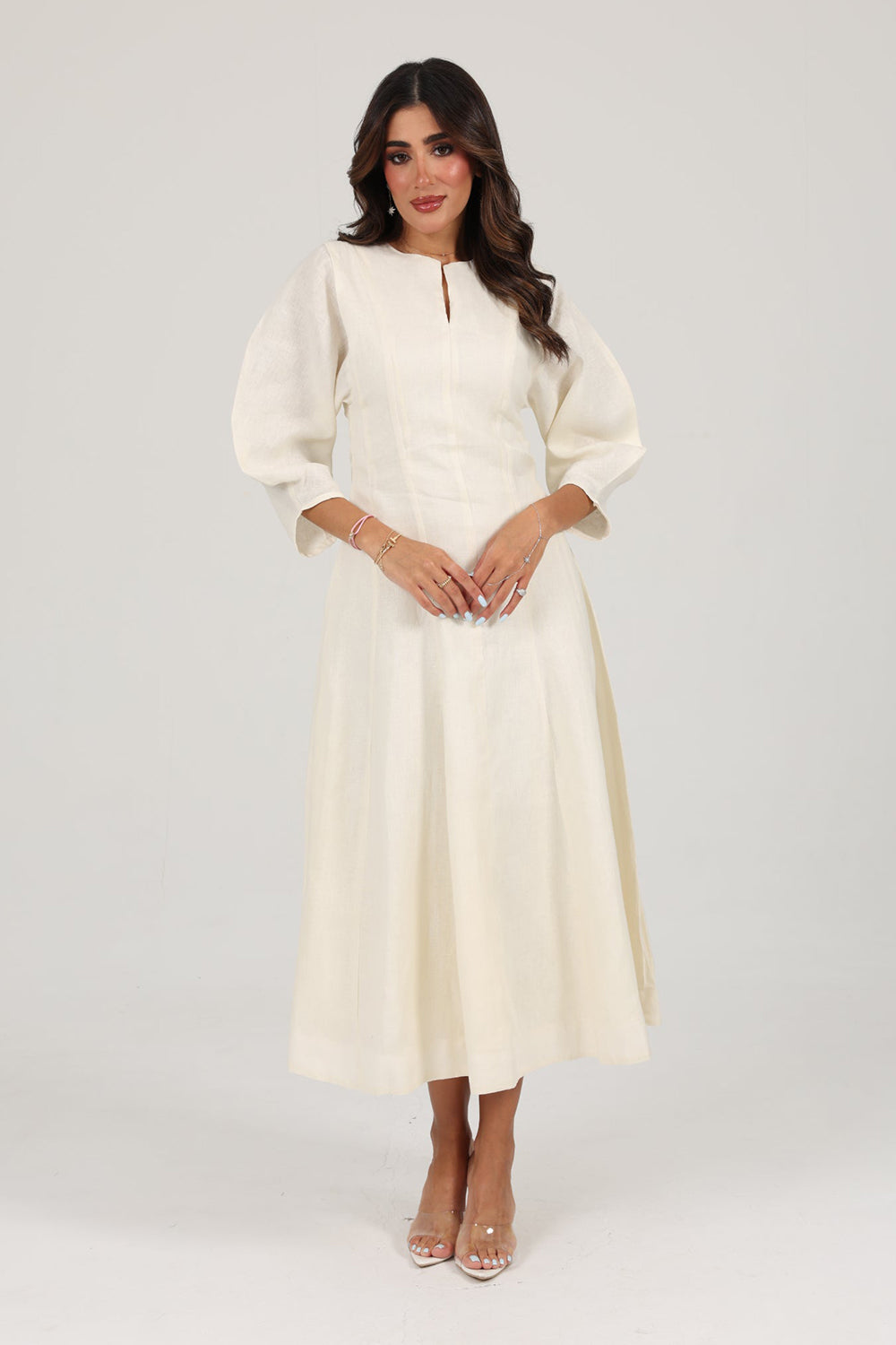 Khushboo & Pankaj Ivory Linen A-Line Midi Dress