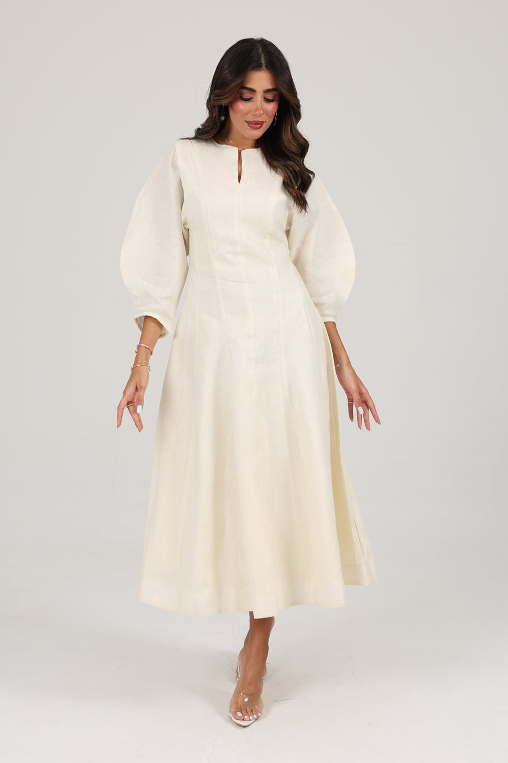 Khushboo & Pankaj Ivory Linen A-Line Midi Dress