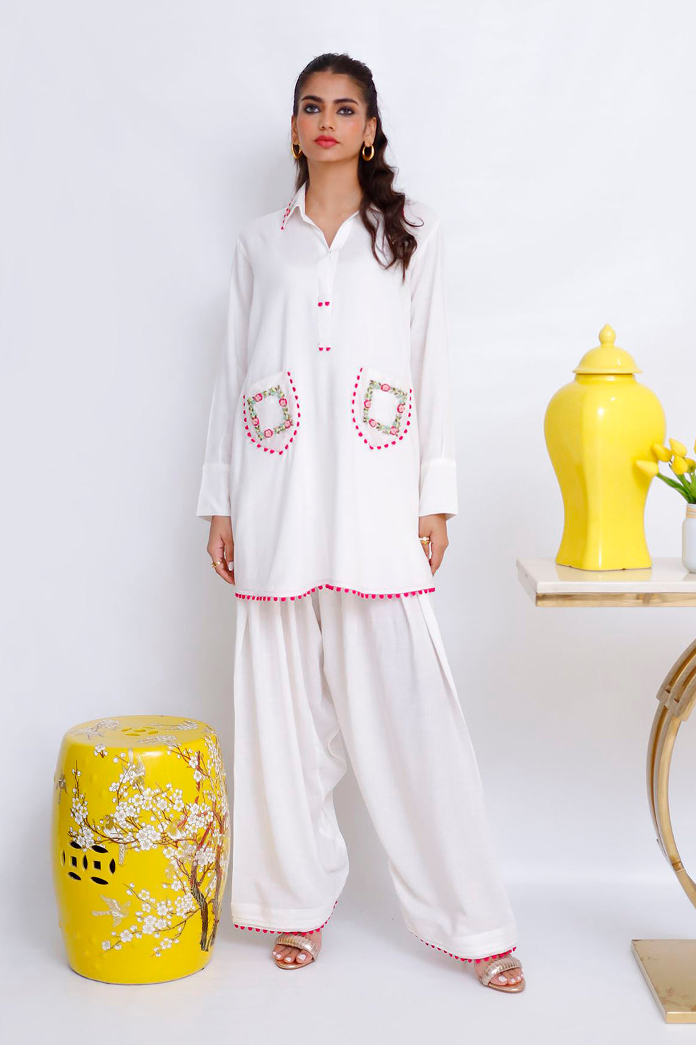Khushboo & Pankaj Ivory Pocket Embroidered Kurta Set