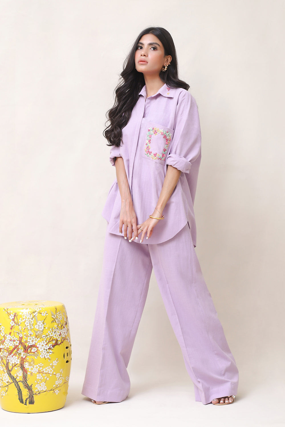 Khushboo & Pankaj Lilac Linen Embroidered Co-ord Set