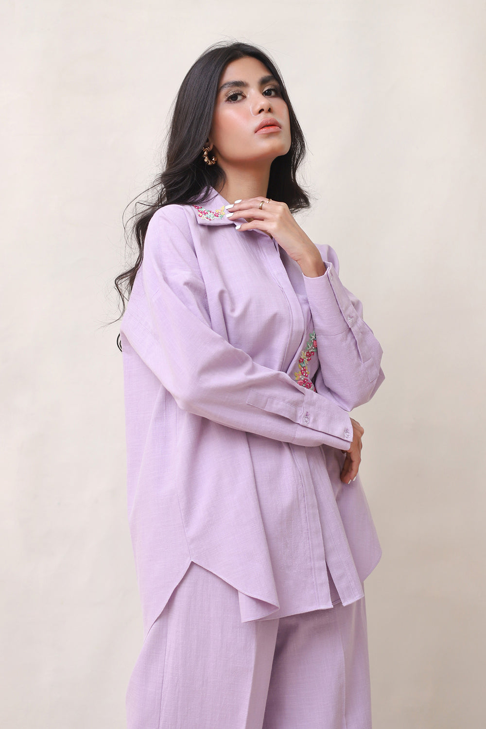 Khushboo & Pankaj Lilac Linen Embroidered Co-ord Set
