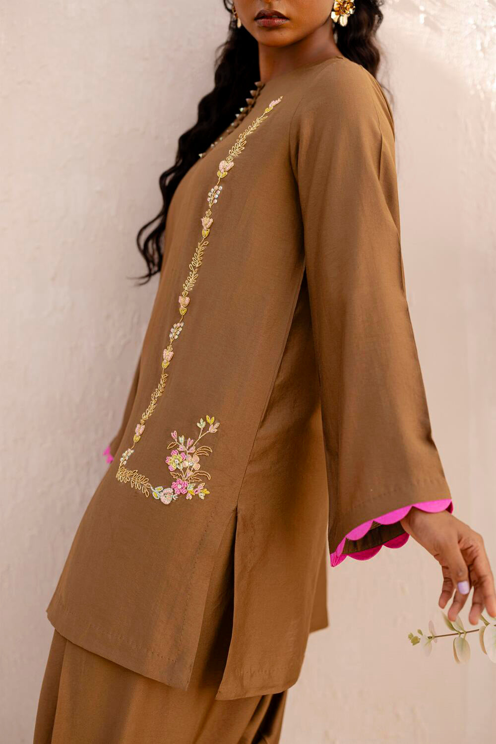 Khushboo & Pankaj Mocha Embroidered Kurta Set with Tulip Pants