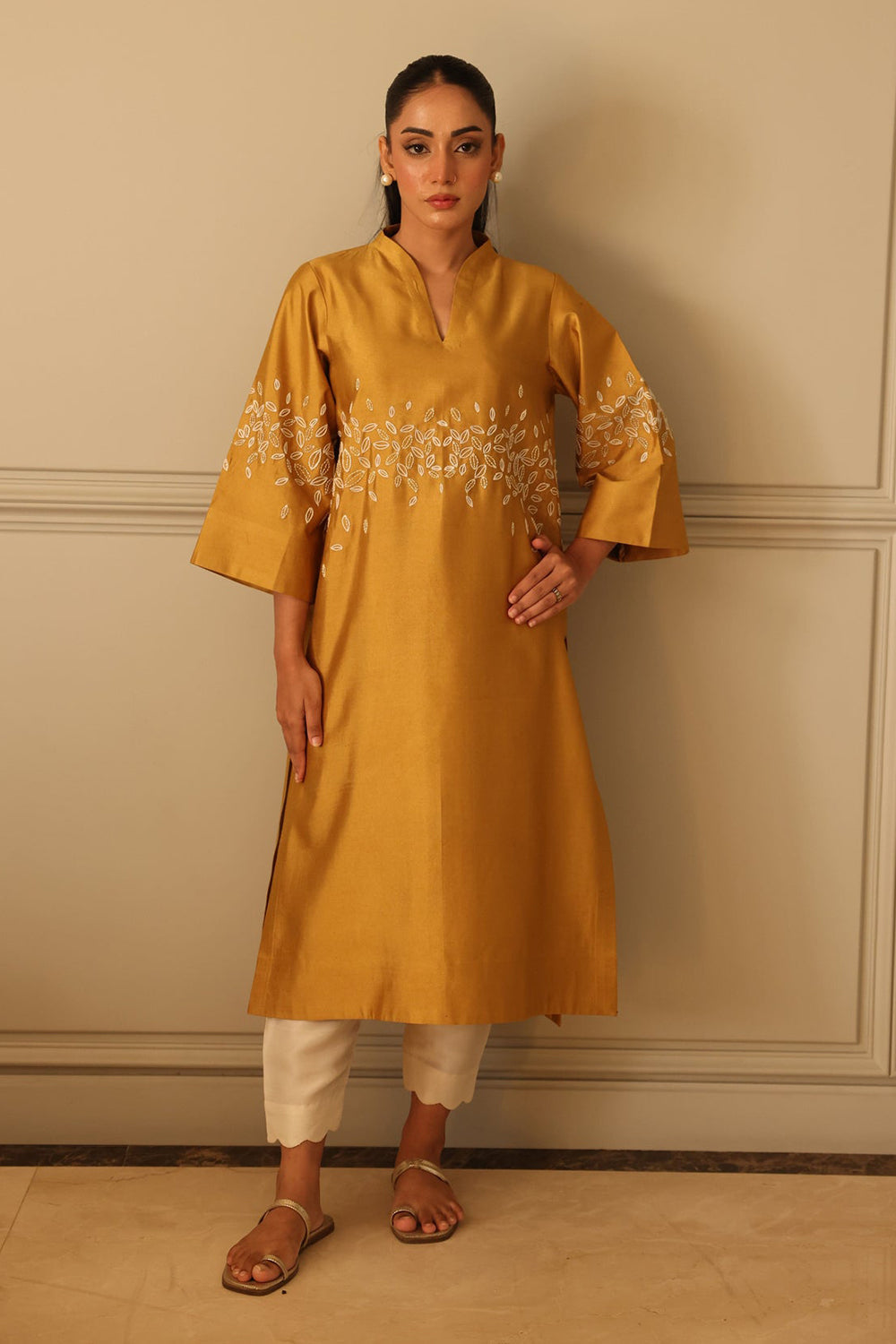 Khushboo & Pankaj Mustard Silk Kurta Set with Embroidered Detail & Organza Dupatta
