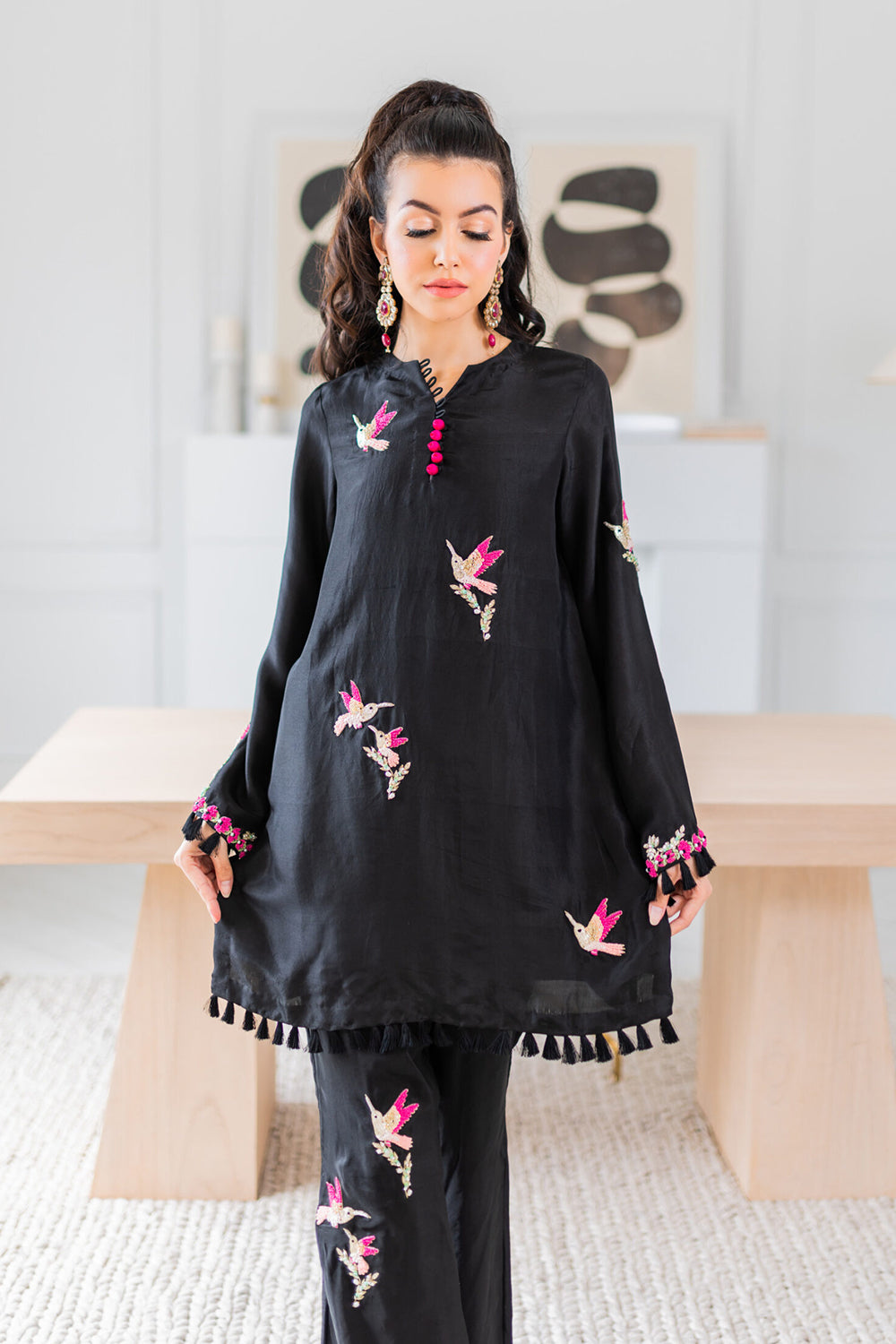 Khushboo & Pankaj Noir Hummingbird Embroidered Kurta Set