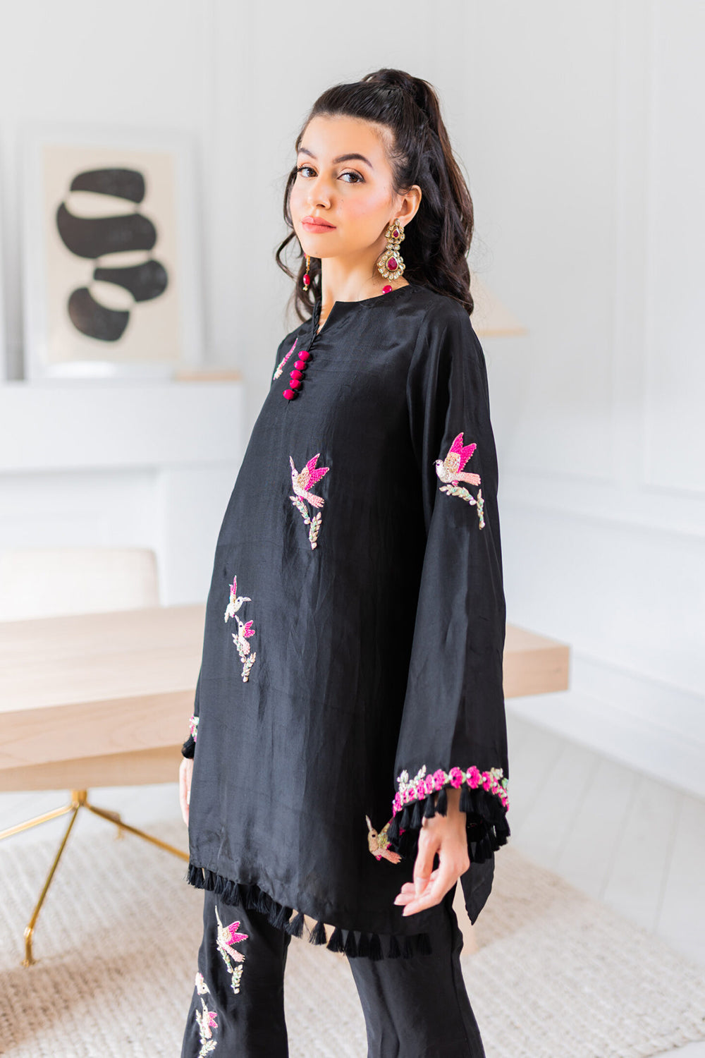 Khushboo & Pankaj Noir Hummingbird Embroidered Kurta Set