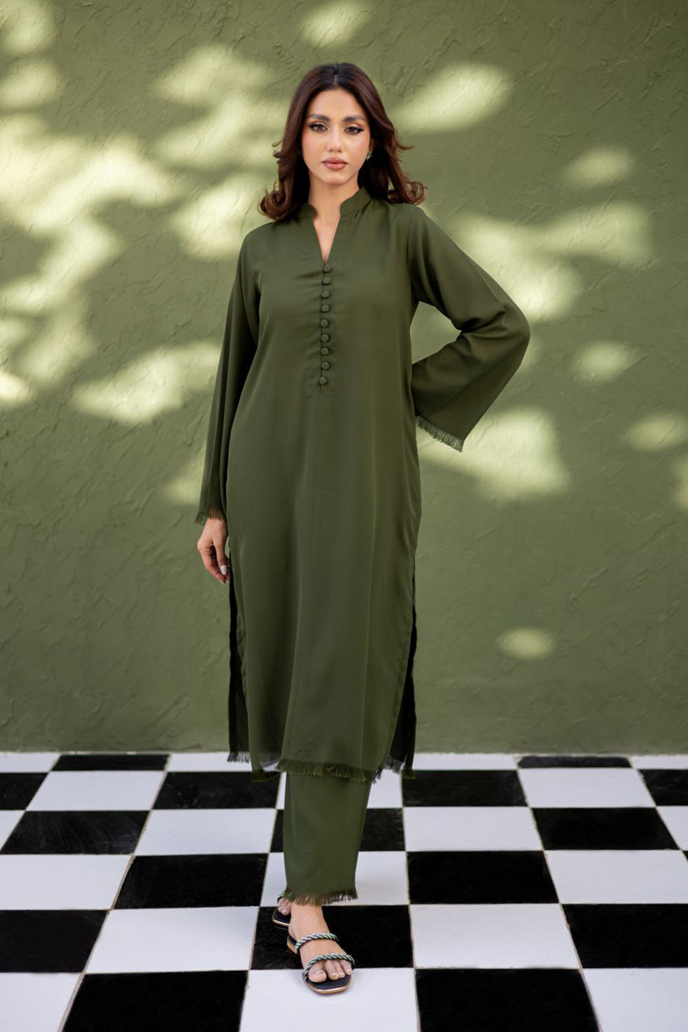 Khushboo & Pankaj Olive Moss Button Kurta Set