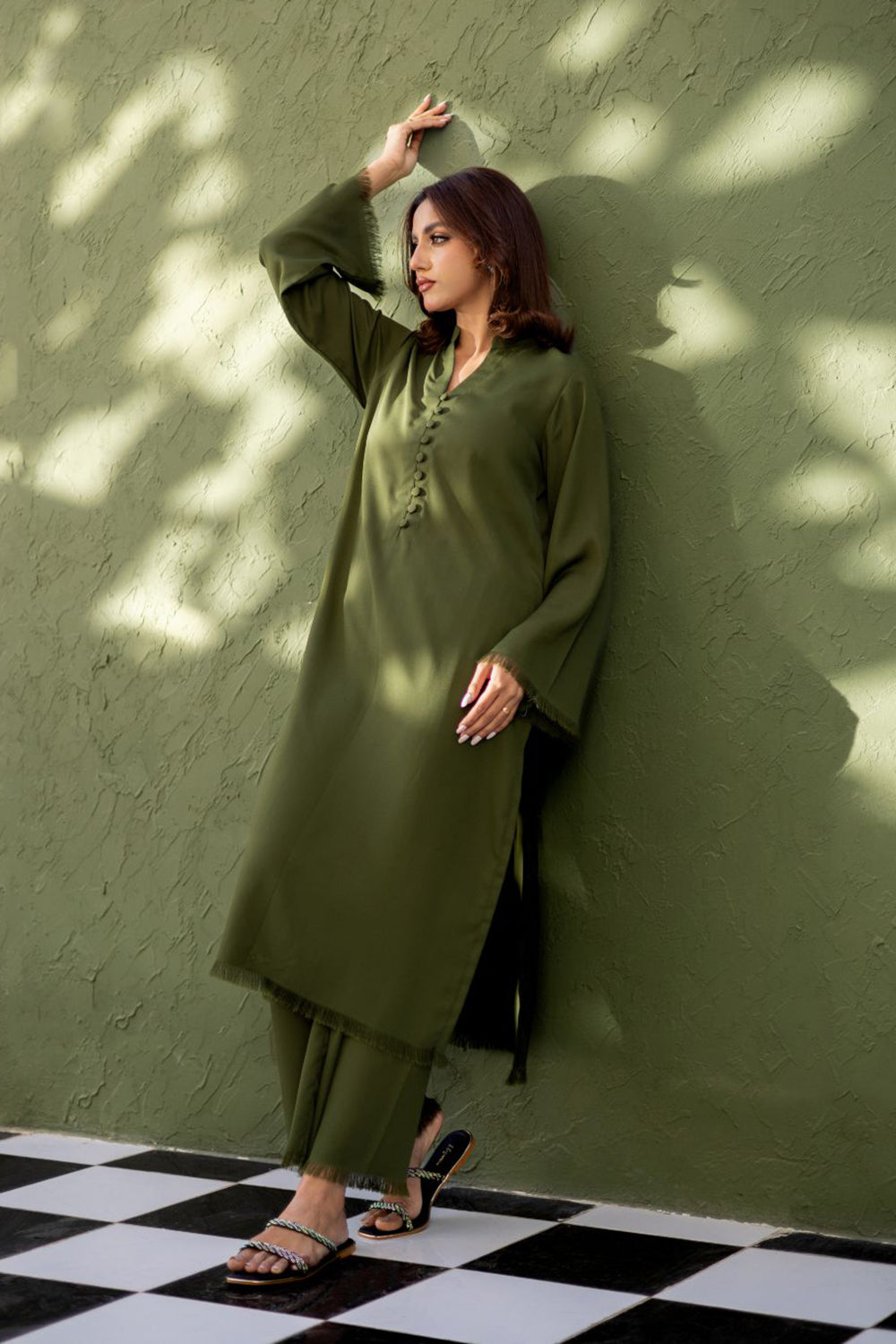 Khushboo & Pankaj Olive Moss Button Kurta Set