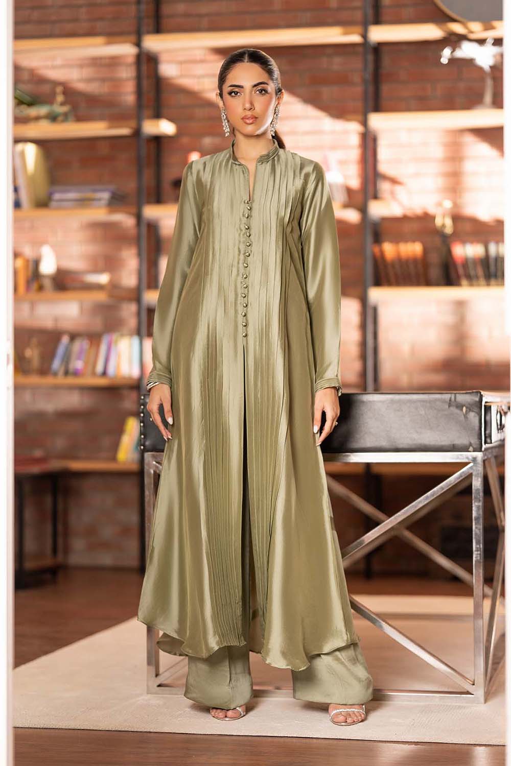 Khushboo & Pankaj Olive Satin Pleated Suit Set with Dupatta