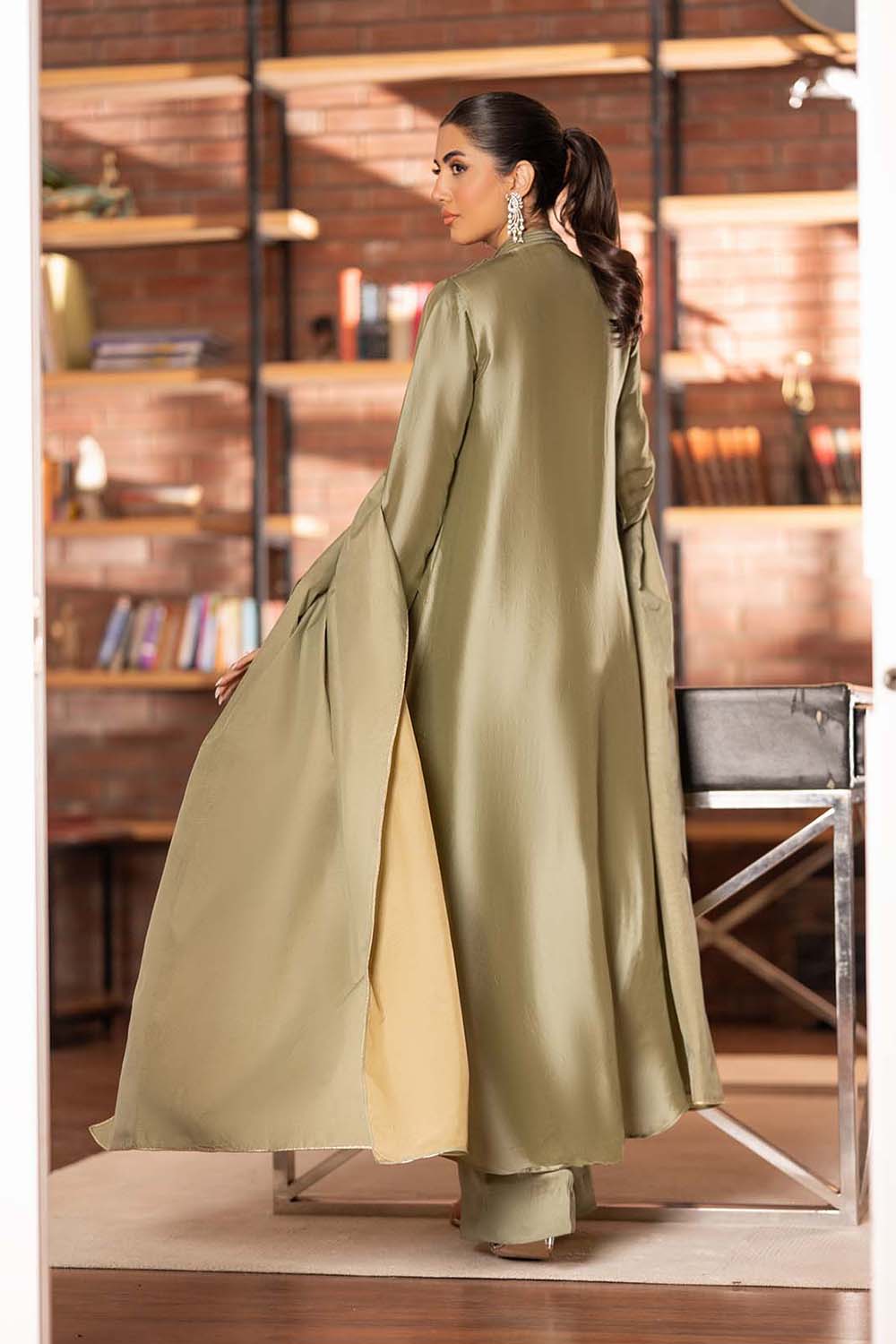 Khushboo & Pankaj Olive Satin Pleated Suit Set with Dupatta