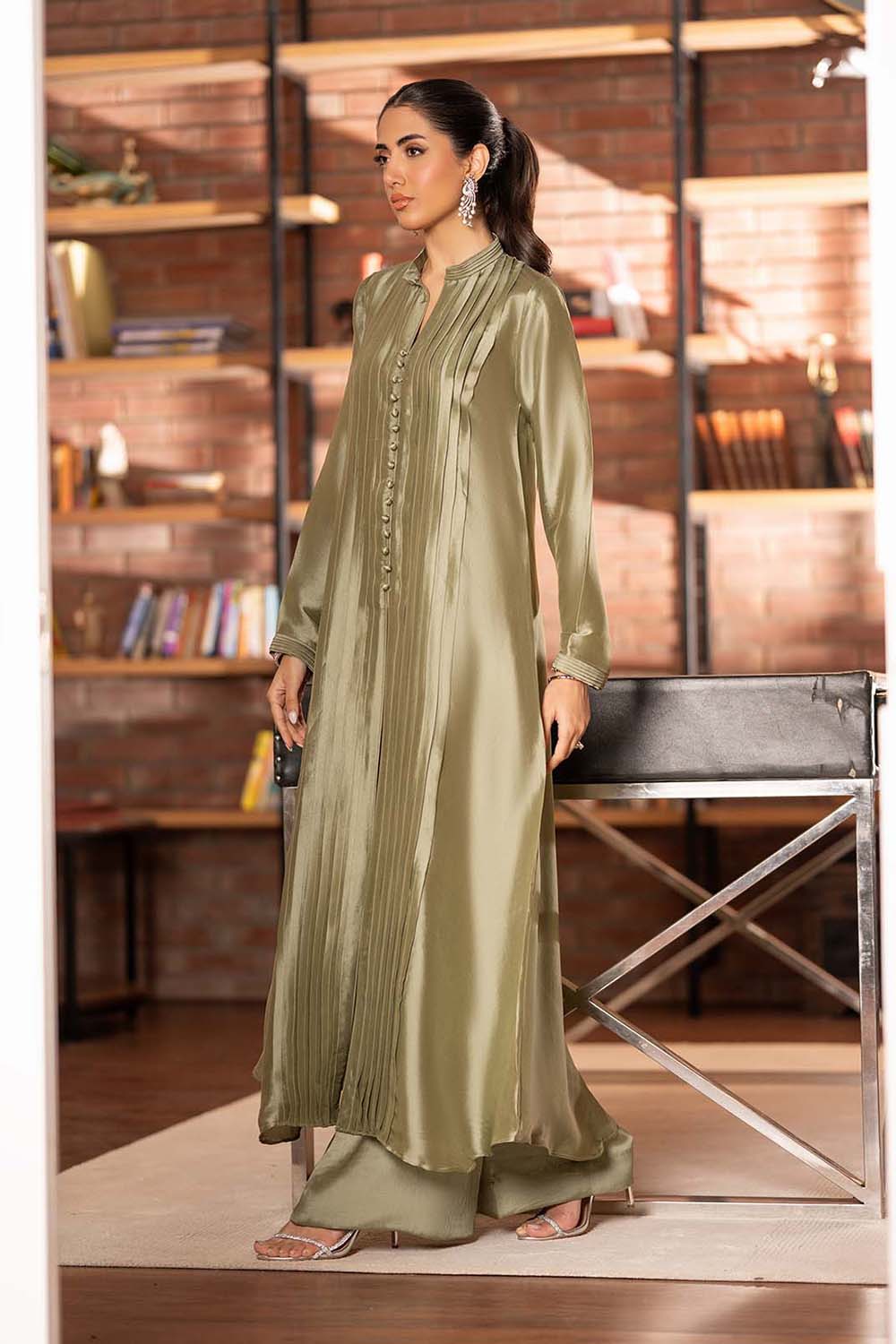 Khushboo & Pankaj Olive Satin Pleated Suit Set with Dupatta