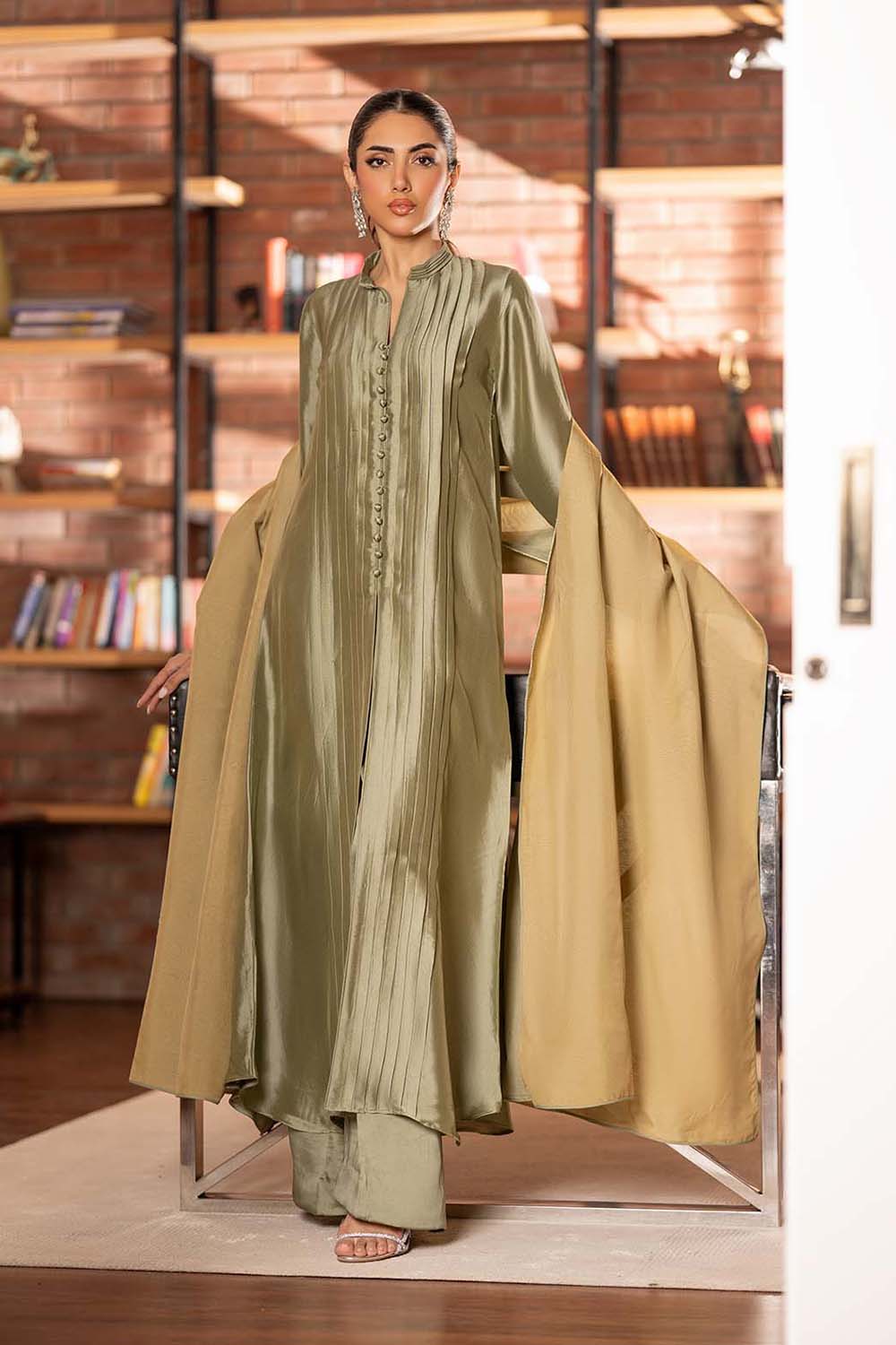 Khushboo & Pankaj Olive Sheen Pintuck Kurta Set with Dupatta