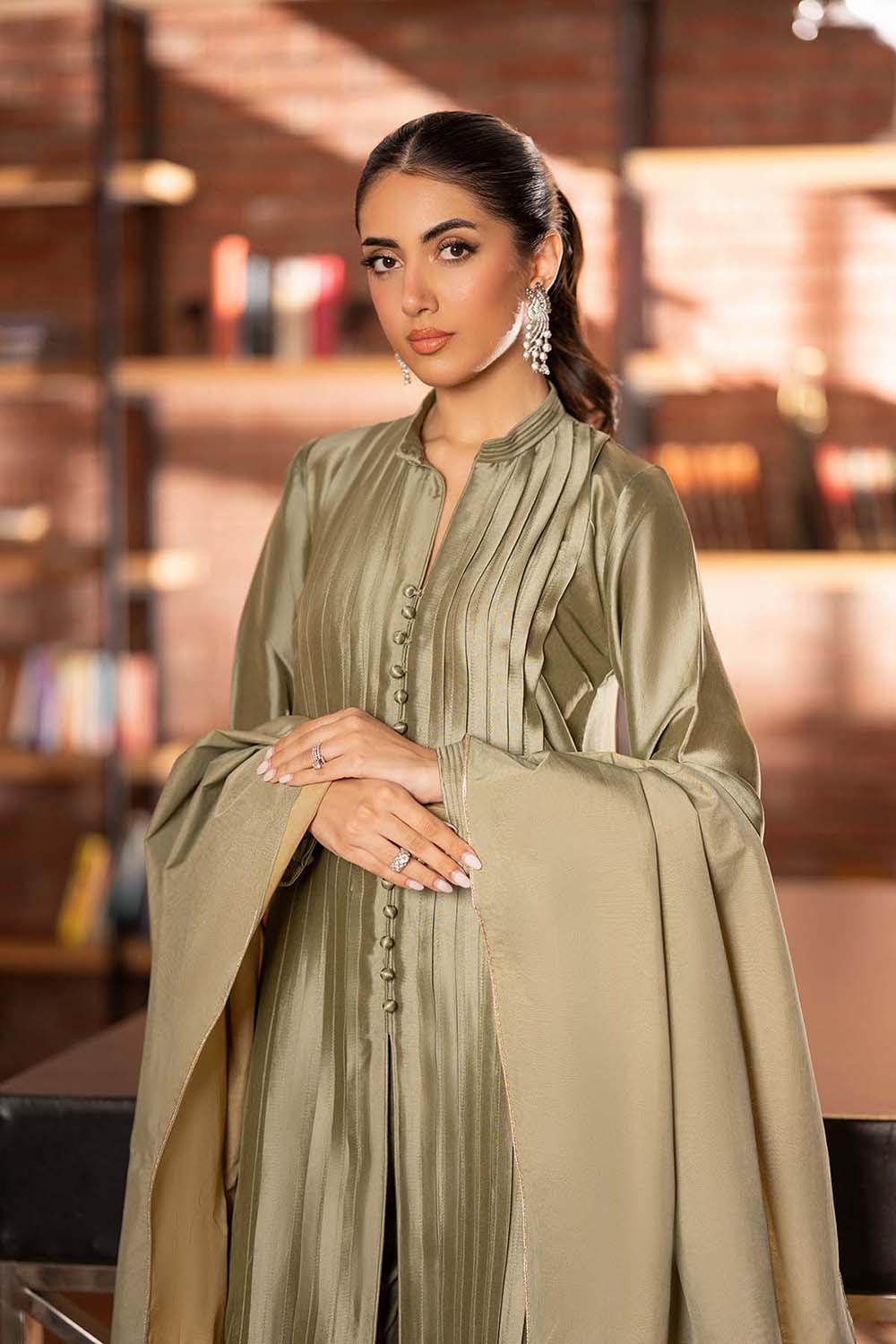 Khushboo & Pankaj Olive Sheen Pintuck Kurta Set with Dupatta
