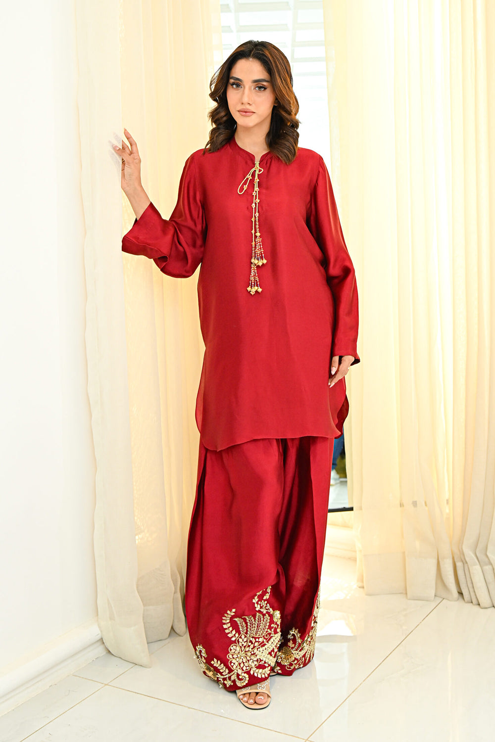 Khushboo & Pankaj Red Silk Embroidered Farshi Kurta Set
