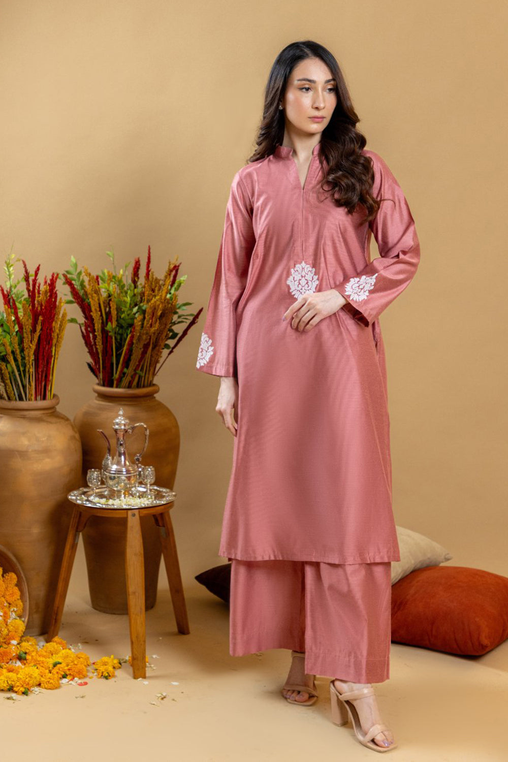Khushboo & Pankaj Rose Sand Embroidered Kurta Palazzo Set