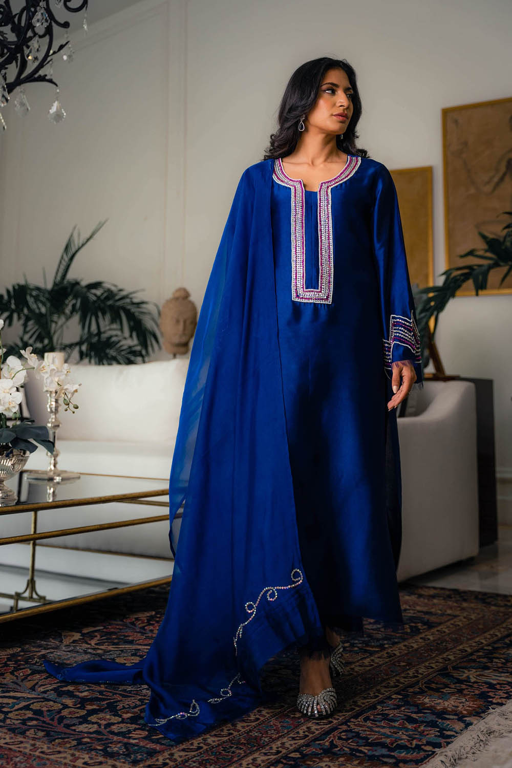 Khushboo & Pankaj Royal Blue Embellished Kurta Set with Sheer Dupatta