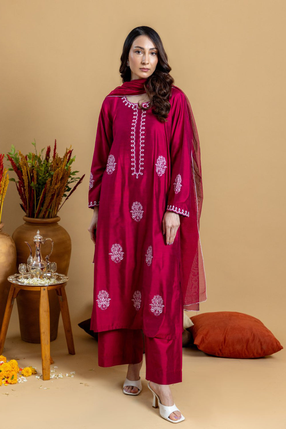 Khushboo & Pankaj Ruby Red Embroidered Kurta Set with Dupatta