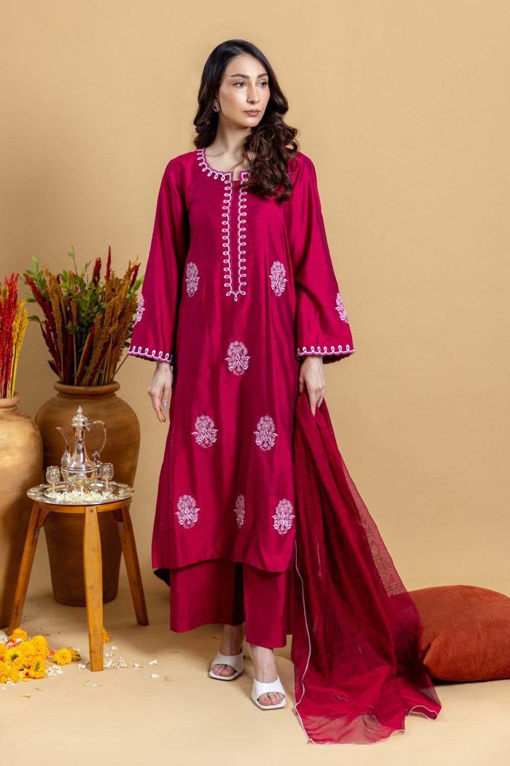 Khushboo & Pankaj Ruby Red Embroidered Kurta Set with Dupatta