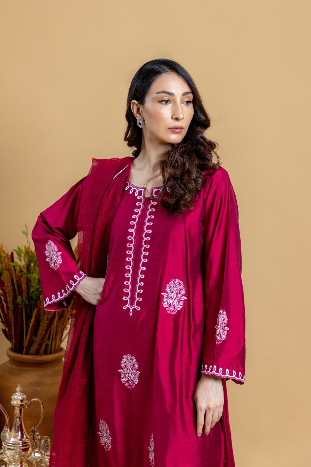 Khushboo & Pankaj Ruby Red Embroidered Kurta Set with Dupatta