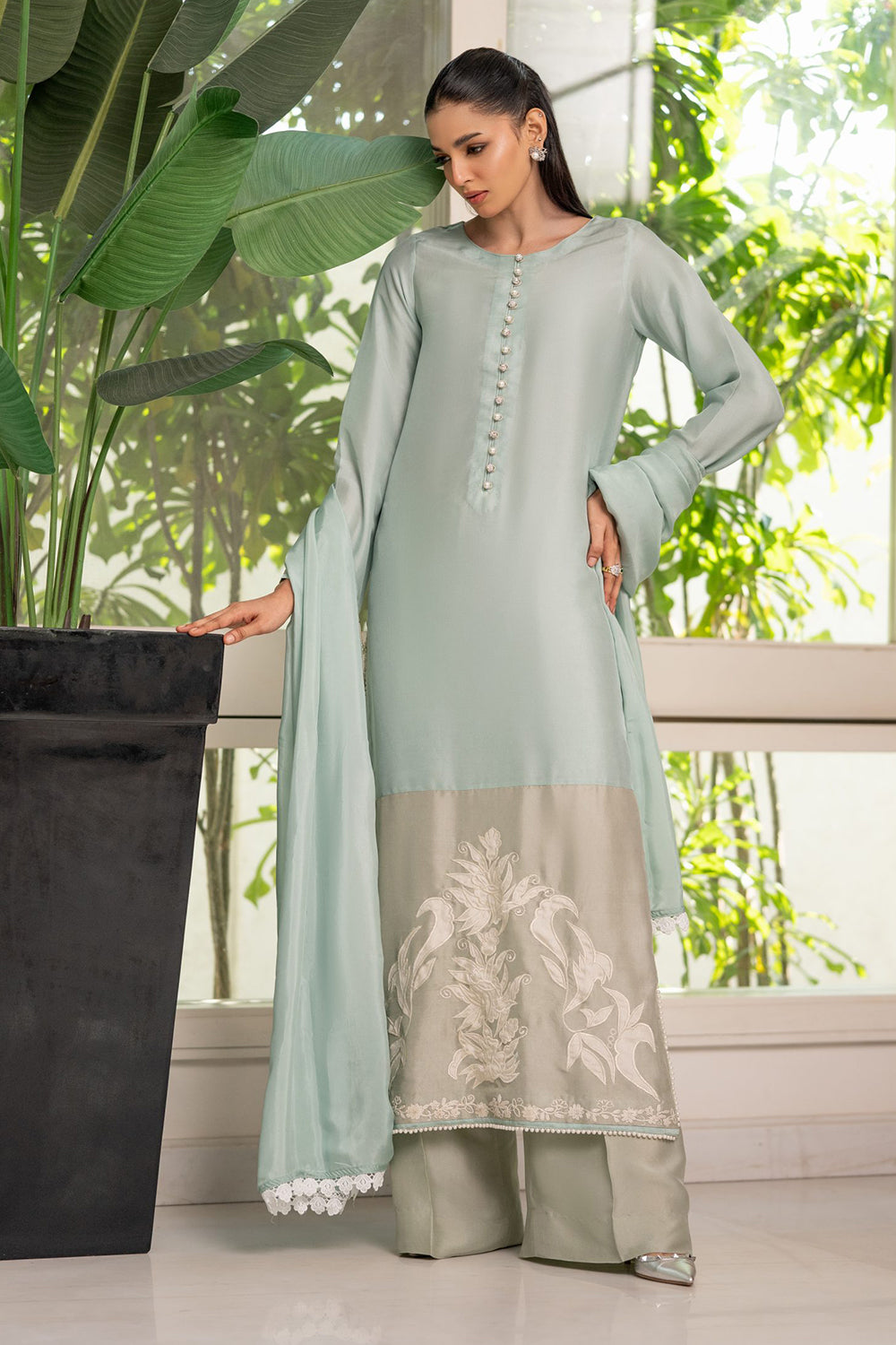 Khushboo & Pankaj Sage Green Embroidered Suit Set with Dupatta
