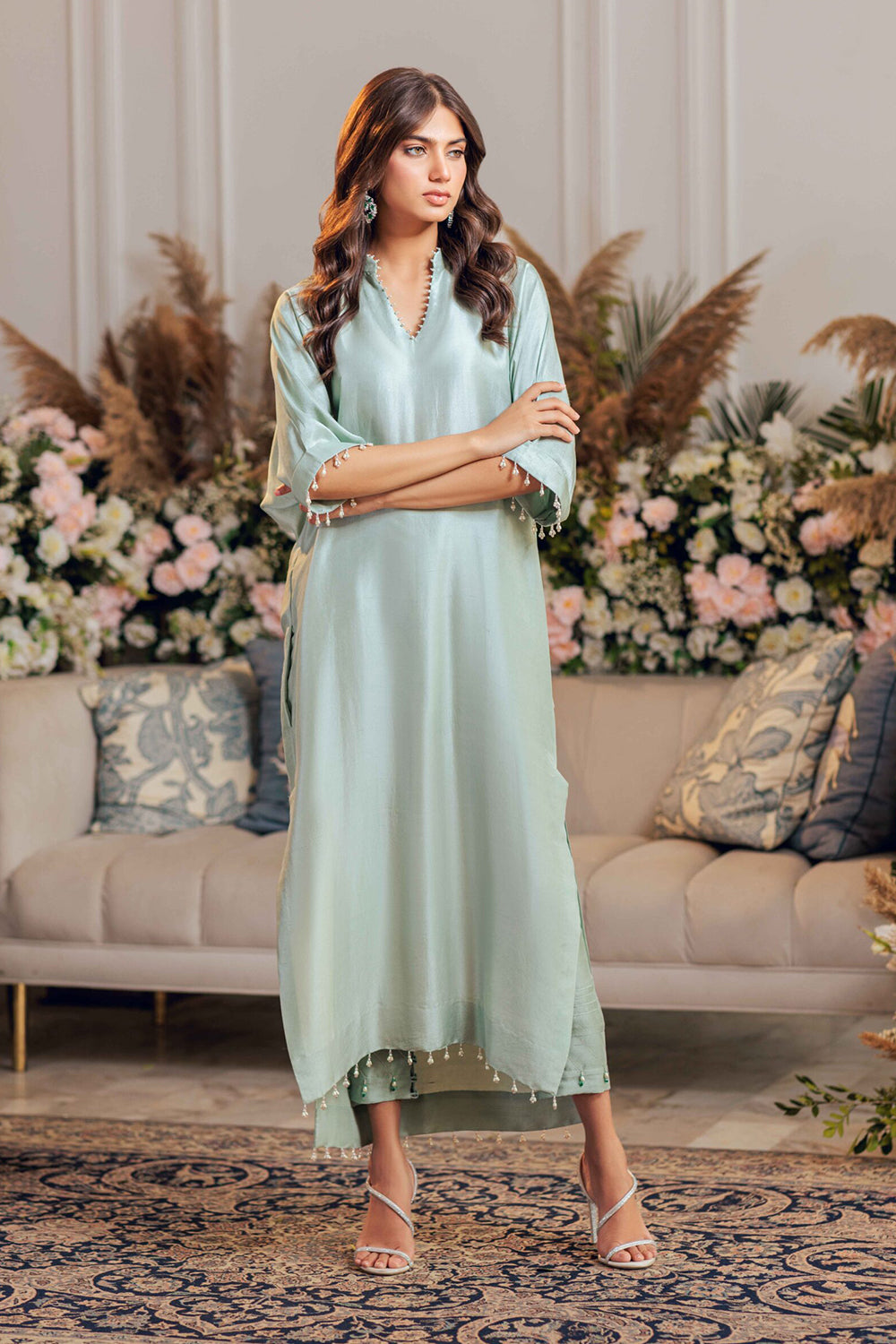 Khushboo & Pankaj Seafoam Silk Kaftan Kurta Set