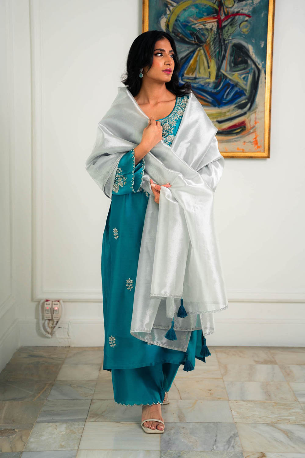 Khushboo & Pankaj Teal Blue Kurta Set with Intricate Silver Work