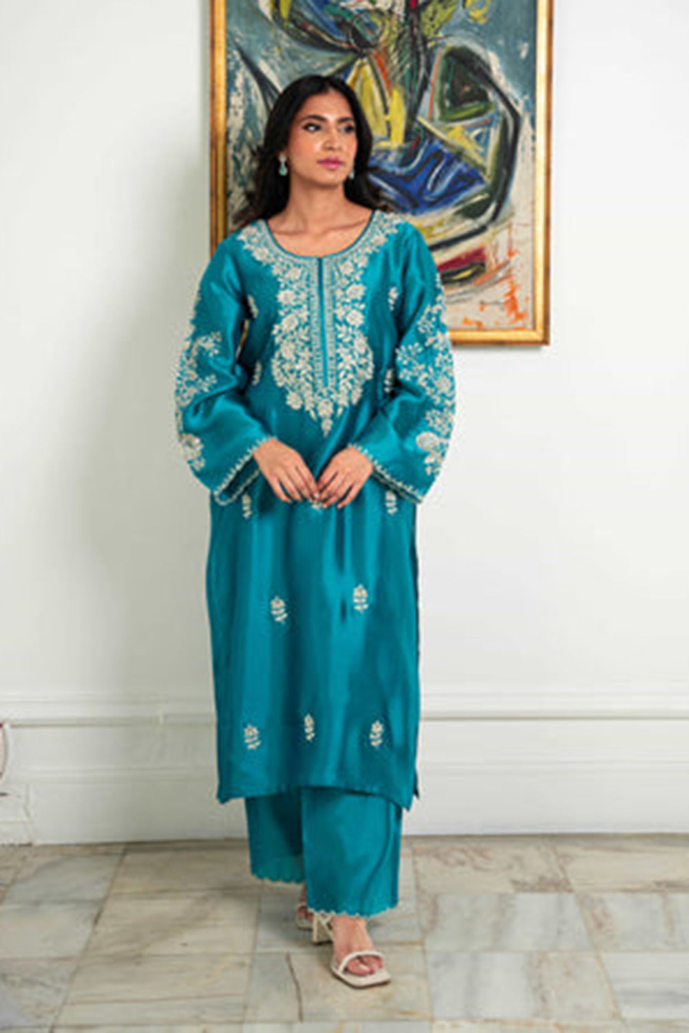 Khushboo & Pankaj Teal Blue Kurta Set with Intricate Silver Work