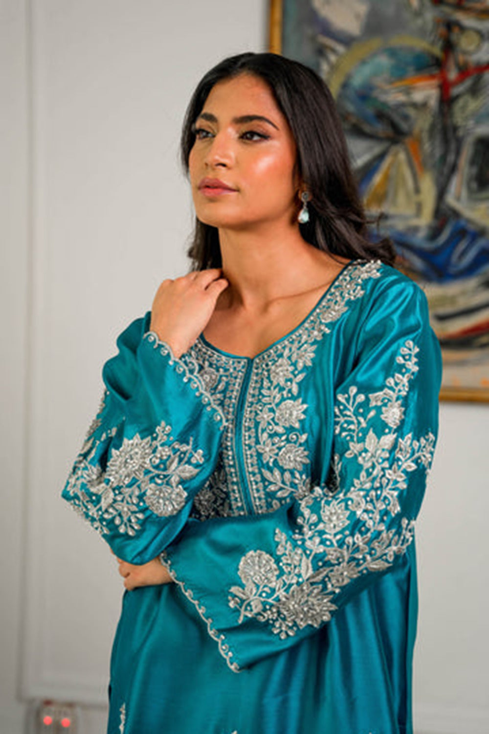 Khushboo & Pankaj Teal Blue Kurta Set with Intricate Silver Work