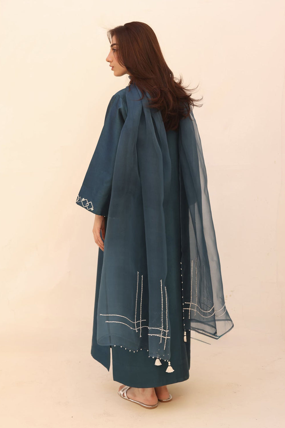 Khushboo & Pankaj Teal Embroidered Kurta Set with Sheer Dupatta