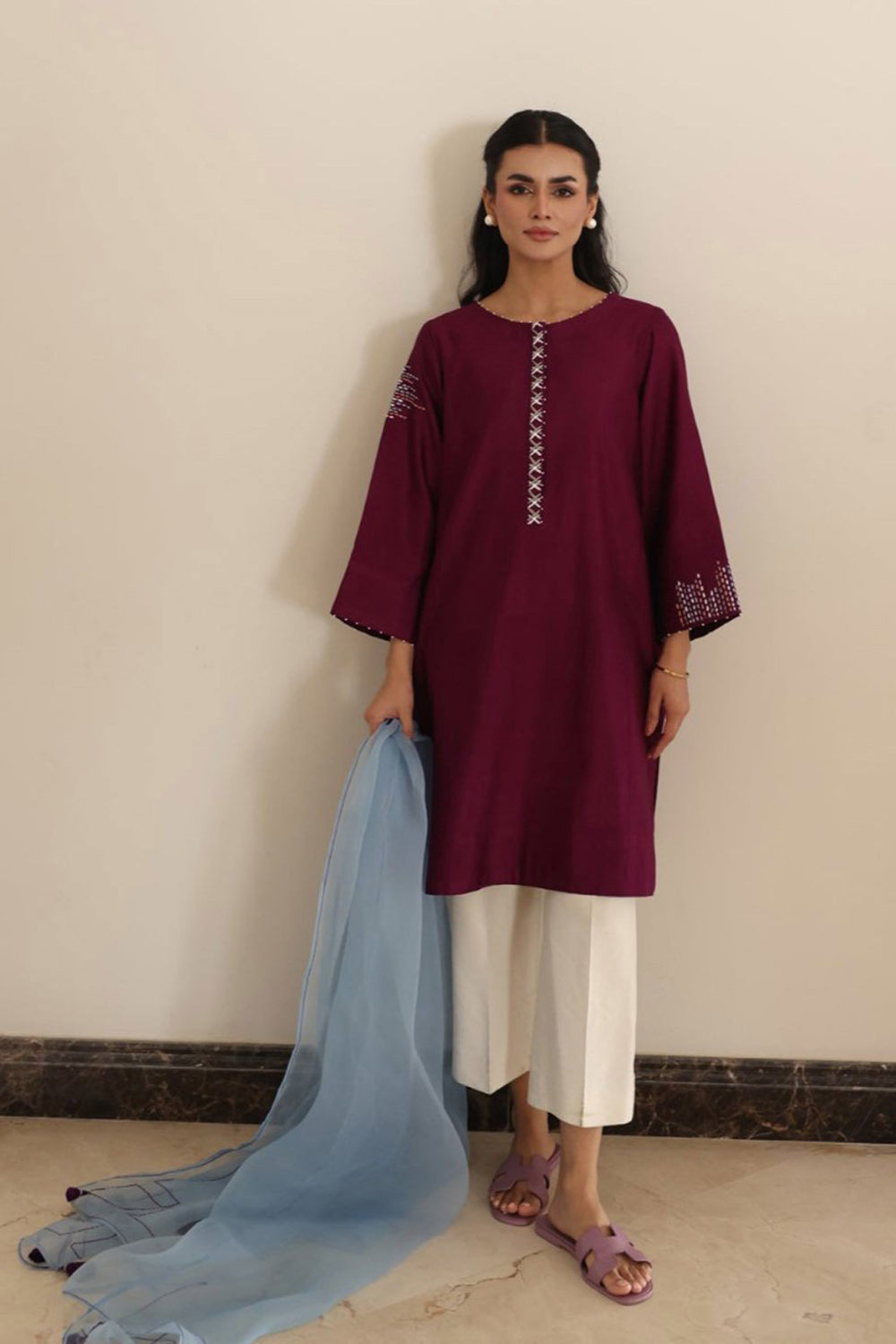 Khushboo & Pankaj Wine Berry Kurta Set with Organza Dupatta