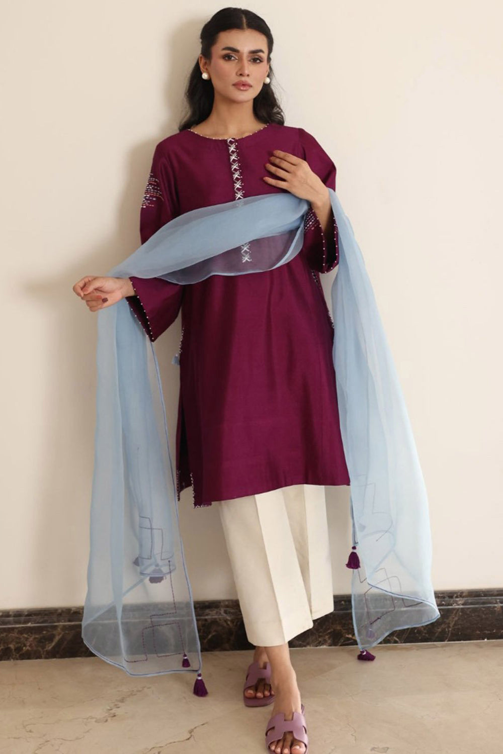 Khushboo & Pankaj Wine Berry Kurta Set with Organza Dupatta