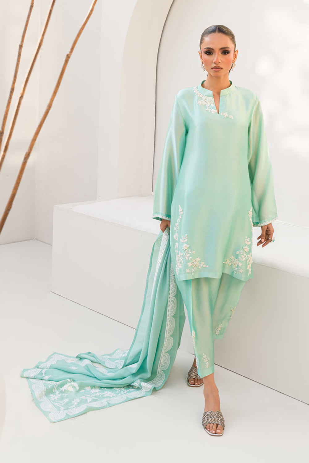 Khushboo & Pankaj Women Aqua Blue Embroidered Silk Suit Set with Tulip Pants